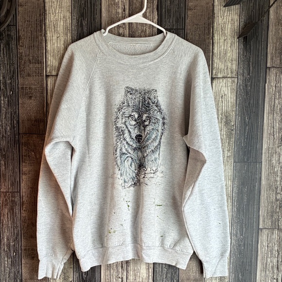 Vintage 80s Gray Wolf Print Men's Sweater
